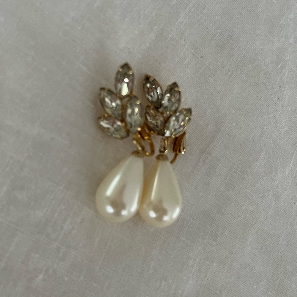 Vintage gold, pearl, and rhinestone clip earrings